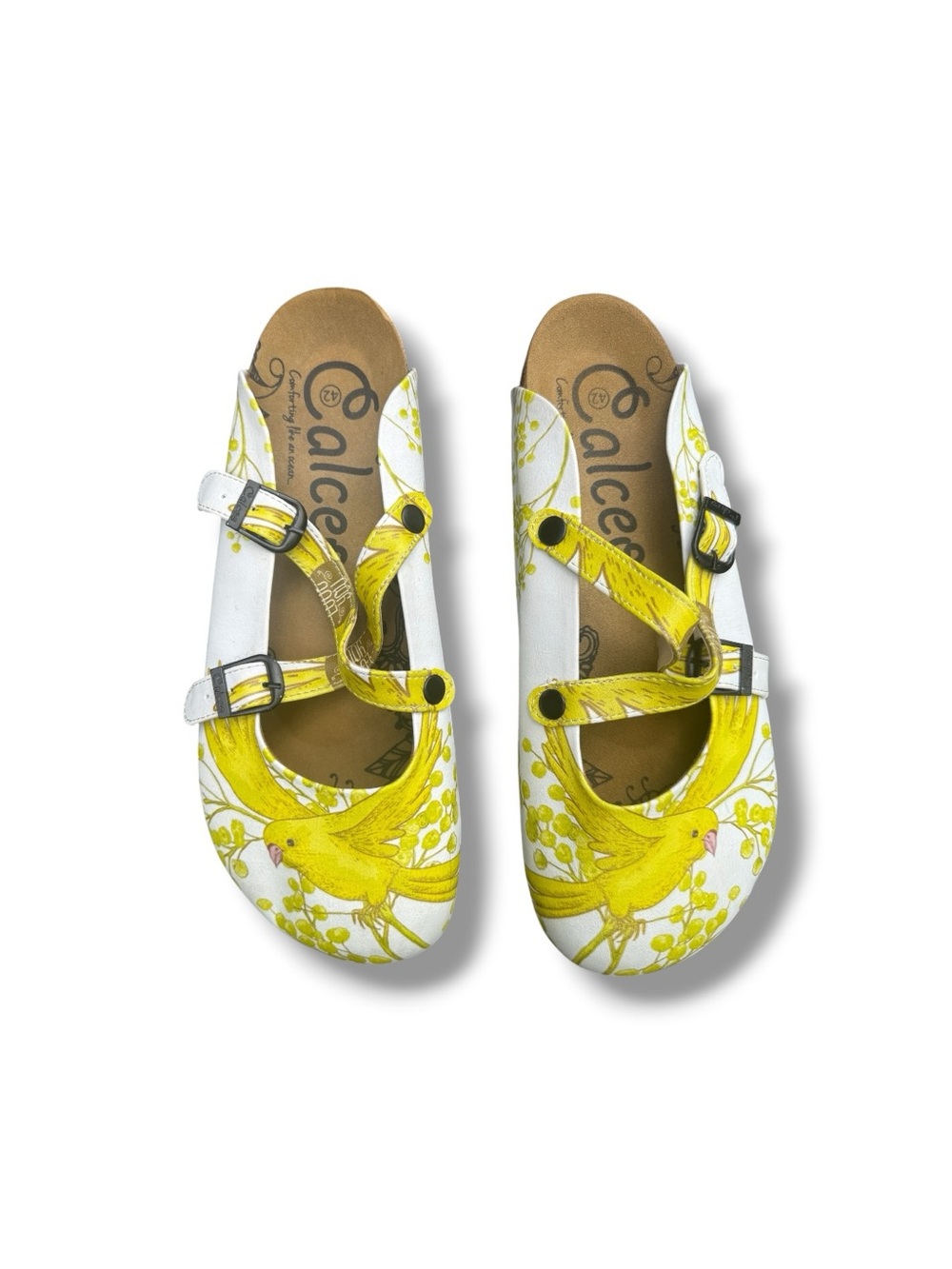 Calceo Mary Jane Cork Clogs Slide Bird Garden Whimsical Size 42/ 11 White Yellow